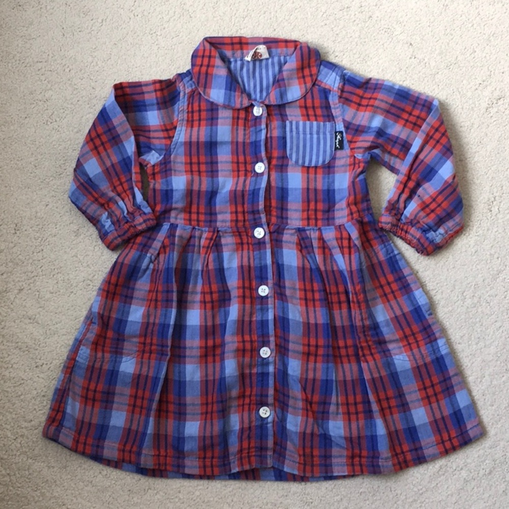 Girls Bitz Kids Blue and Red Plaid Shirt Dress 3-4
